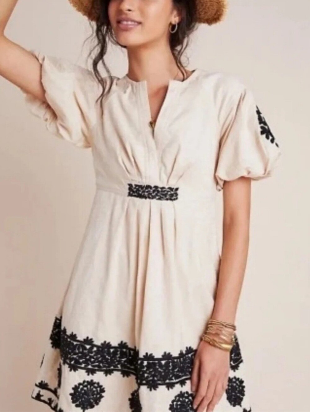 Anthropologie Cream Dress with Black Embroidered Trim